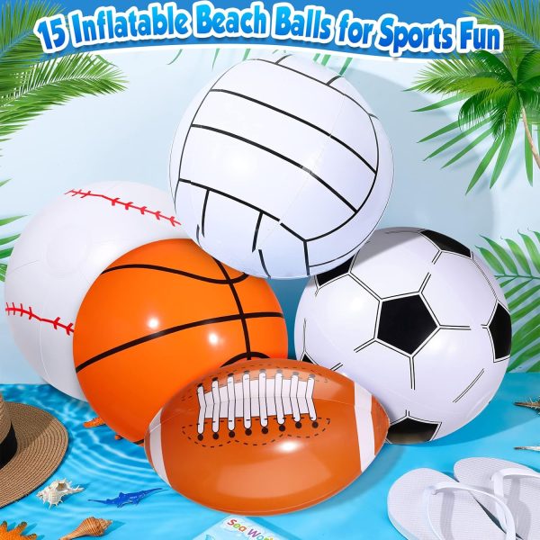 16 Inch Inflatable Sport Balls 5 Styles Sport Beach Balls Swimming Pool PVC Balls Bulk Blow up Sports Party Decorations for Family Outdoor Beach Pool Water Sports(15 Pieces)