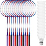 12 Pcs Badminton Rackets Set for Adults and Teenagers Badminton Set with 12 Pcs Nylon Shuttlecocks for Backyard Gym Beach Outdoor Games, Red, Purple and Blue